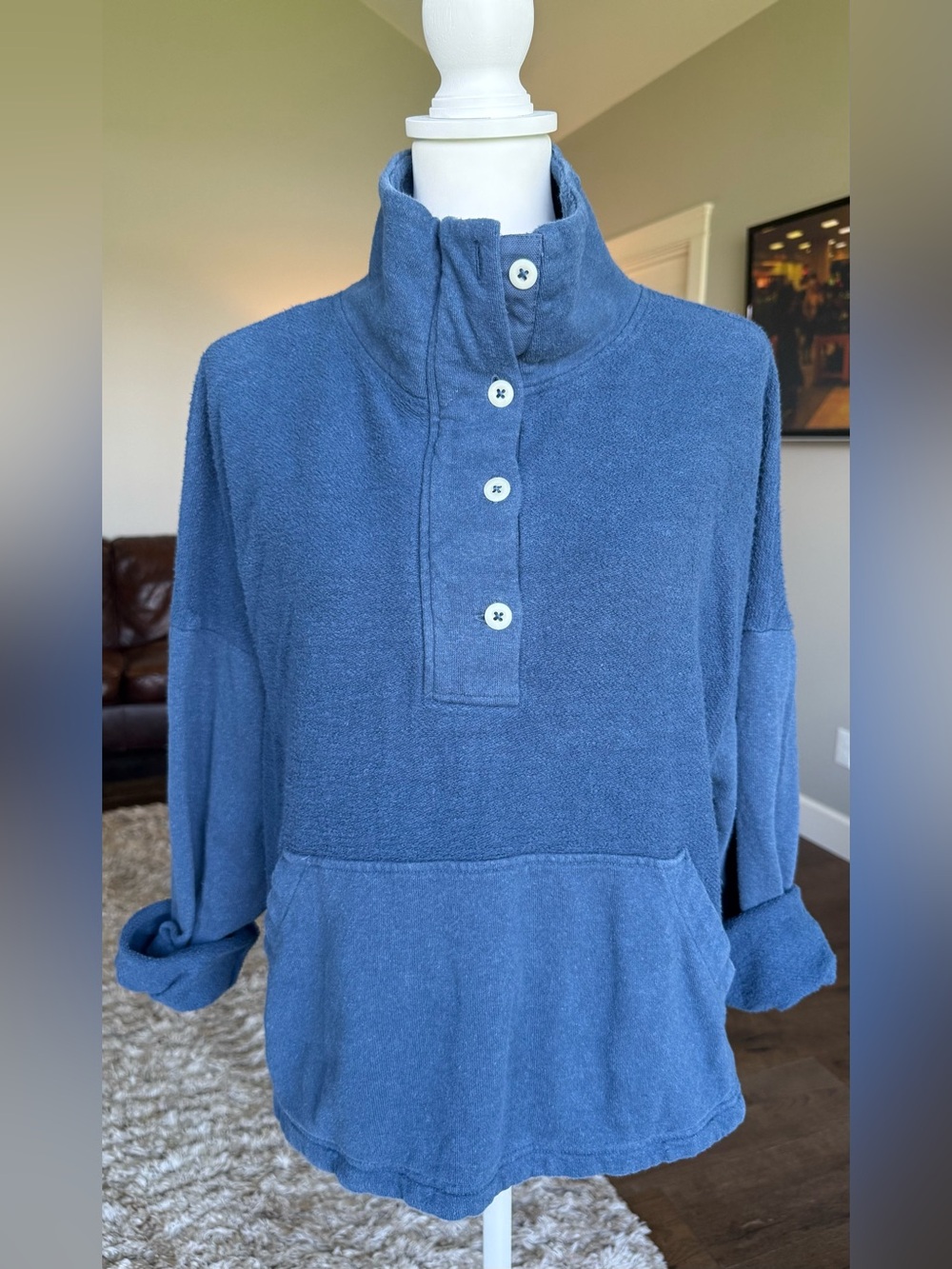 REI Natural Fiber Blue 1/4 Button-Up Funnel Neck Women's Sweater Size Small